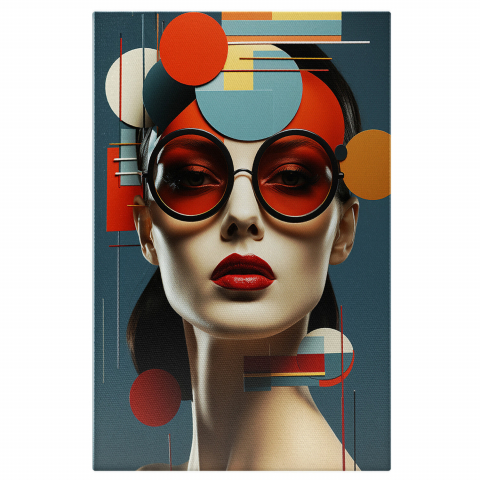 Tablou Canvas Femeie cu Buze Roșii și Ochelari Geometrici, Marime 40x25CM