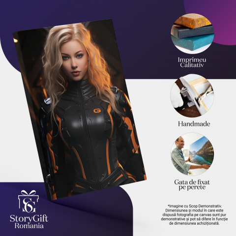 Tablou Canvas: Femeie spion  Frumusete, Blond, intuneric, Moda, Design vestimentar, Fotomodel, Caracter fictional, Pictura Digitala 40x25CM [1]