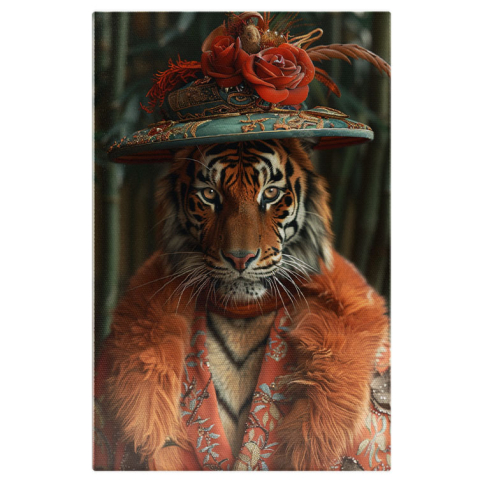 Animale - Tablou Canvas Feminitatea Tigrului cu Pălărie Turcoaz și Flori Roșii Ochi Captivanți și Haină cu Blană , Pictura Digitala 40x25CM