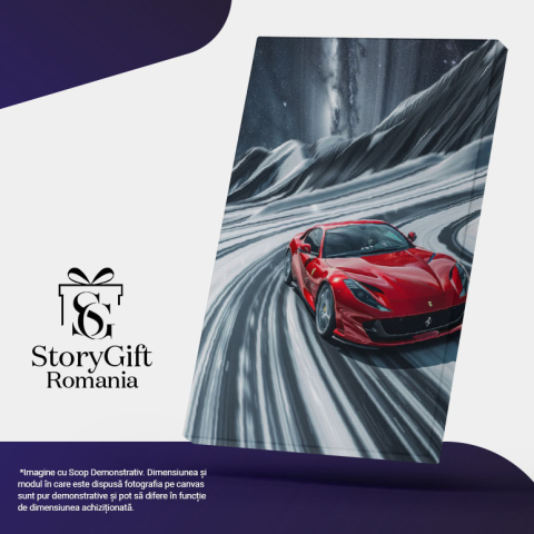 Tablou Canvas  Ferarri Super Car Masina de Lux pentru Iubitorii de Viteza de Culoare Rosie pe Muntele cu Zapada , Pictura Digitala 40x25CM [4]