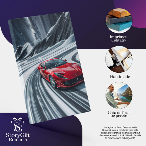 Tablou Canvas  Ferarri Super Car Masina de Lux pentru Iubitorii de Viteza de Culoare Rosie pe Muntele cu Zapada , Pictura Digitala 40x25CM [2]