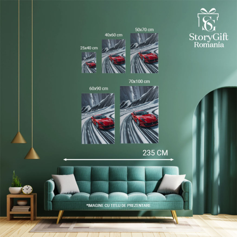 Tablou Canvas  Ferarri Super Car Masina de Lux pentru Iubitorii de Viteza de Culoare Rosie pe Muntele cu Zapada , Pictura Digitala 40x25CM [3]