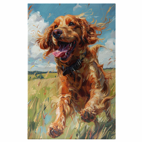 Animale - Tablou Canvas Câine Fericit Zburdând pe Câmpul Verde cu Blana Portocalie, Marime 40x25CM