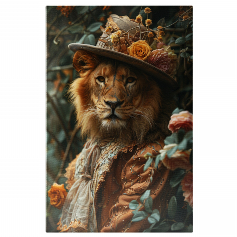 Domnul Leu cu Pălărie Gri și Trandafiri - Tablou Canvas, Marime 40x25CM