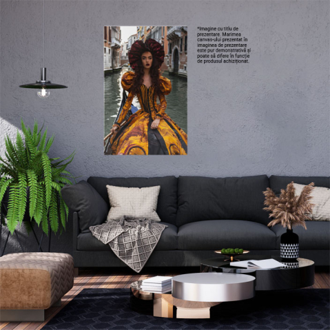 Tablou Canvas: Festival Venețian Doamna în Rochie Galbenă din Bărcuța cu Vâslă Elegantă Pictura Digitala 40x25CM [1]