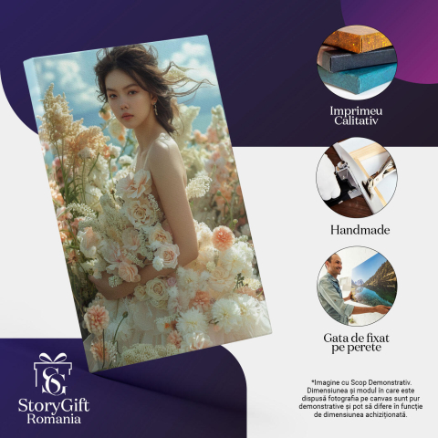 Tablou Canvas:  Fetita Asiatica in Lanul de Flori cu un Buchet in Mana si Rochia de Trandafiri Pictura Digitala 40x25CM [2]