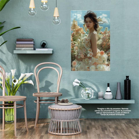 Tablou Canvas:  Fetita Asiatica in Lanul de Flori cu un Buchet in Mana si Rochia de Trandafiri Pictura Digitala 40x25CM [1]