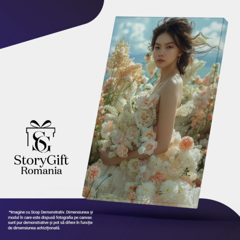 Tablou Canvas:  Fetita Asiatica in Lanul de Flori cu un Buchet in Mana si Rochia de Trandafiri Pictura Digitala 40x25CM [4]
