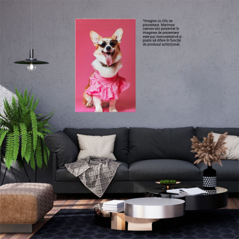 Tablou Canvas Fetița Corgi Cățelușa Glamour în Rochie Roz de Vară și Ochelari de Soare , Pictura Digitala 40x25CM [1]