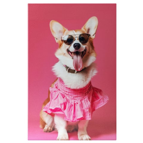 Tablouri Canvas - Tablou Canvas Fetița Corgi Glamour în Rochie Roz de Vară | Artă Digitală, Marime 40x25CM