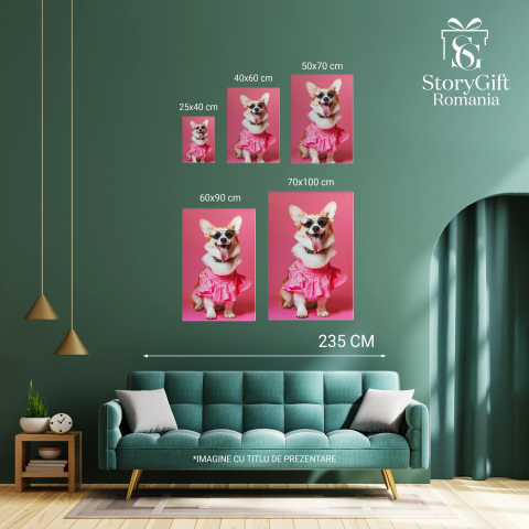 Tablou Canvas Fetița Corgi Glamour în Rochie Roz de Vară | Artă Digitală, Marime 40x25CM [3]
