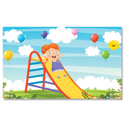 Tablouri Canvas - Tablou Canvas Fetita cu Ochii Albastri in Rochie Mov cu Pantofiori Aluneca pe Topoganul Portocaliu cu Baloane 40x25CM