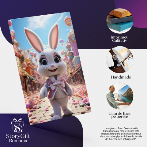 Fetița Iepuraș Drăguță cu Vestă Roz în Lumea Fetițelor cu Jucării și Urechile Mari - Pictură Digitală, Marime 40x25CM [1]