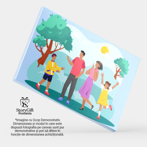 Tablou Canvas Fetita si Baietelul Fratiorii Veseli Impreuna cu Parintii in Parc cu Soarele pe Cer printre Copaci 40x25CM [3]