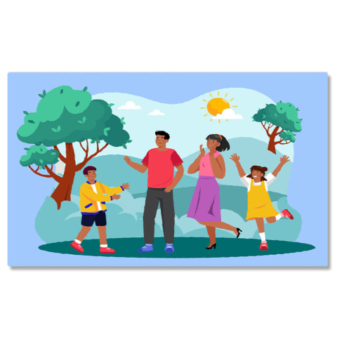 Abstract - Tablou Canvas Fetita si Baietelul Fratiorii Veseli Impreuna cu Parintii in Parc cu Soarele pe Cer printre Copaci 40x25CM