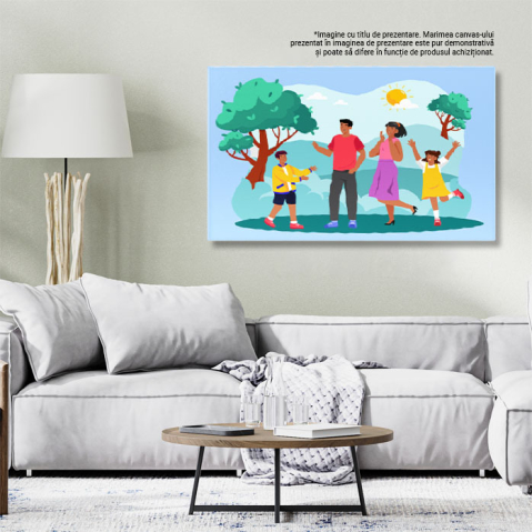 Tablou Canvas Fetita si Baietelul Fratiorii Veseli Impreuna cu Parintii in Parc cu Soarele pe Cer printre Copaci 40x25CM [2]