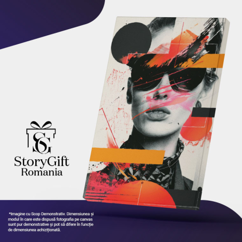 Tablou Canvas  Figura Feminina cu Ochelari si Cercei Acoperita de Petele de Culoare in Bluza si Sacou , Pictura Digitala 40x25CM [4]