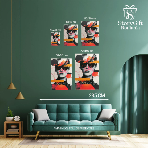 Tablou Canvas  Figura Feminina cu Ochelari si Cercei Acoperita de Petele de Culoare in Bluza si Sacou , Pictura Digitala 40x25CM [3]