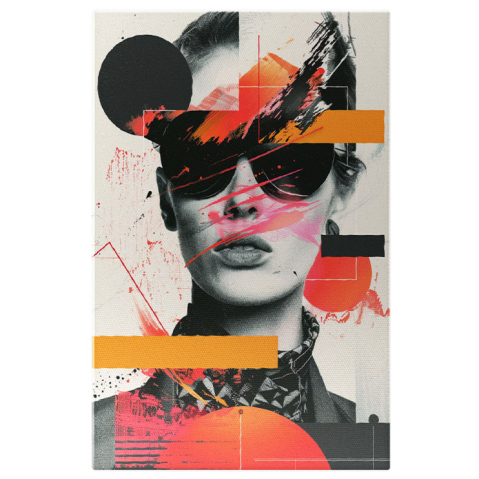 Abstract - Tablou Canvas  Figura Feminina cu Ochelari si Cercei Acoperita de Petele de Culoare in Bluza si Sacou , Pictura Digitala 40x25CM