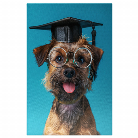 Câini - Tablou Canvas Border Terrier Final de Studii cu Toca și Ochelari de Vedere Rotunzi, Marime 40x25CM