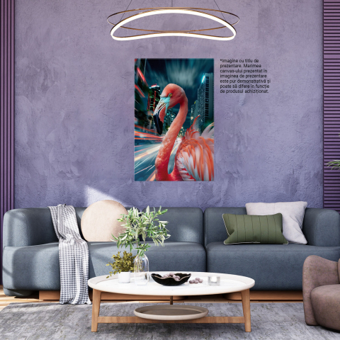 Tablou Canvas - Flamingoul Vitezoman cu Pene Roz Catifelate, Lumini în Voteză, Marime 40x25CM [2]