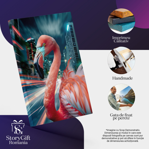 Tablou Canvas - Flamingoul Vitezoman cu Pene Roz Catifelate, Lumini în Voteză, Marime 40x25CM [1]