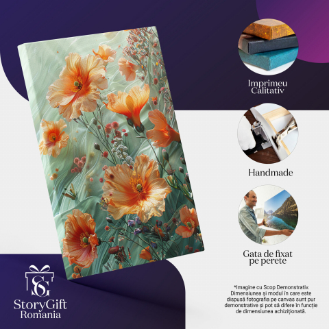 Tablou Canvas Flori Colorate cu Valuri Verzi și Boboci Parfumati | Pictură Digitală Fresh Flowers, Marime 40x25CM [1]