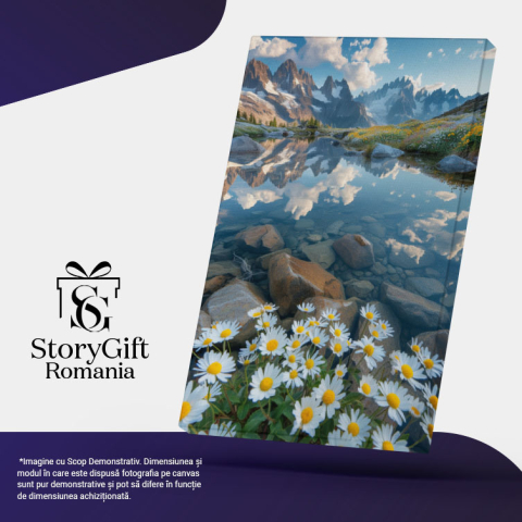 Tablou Canvas: Flori de Câmp Mușețel pe Marginea Apei Cristaline Vederea Munților Scăldați de Soare Pictura Digitala 40x25CM [4]