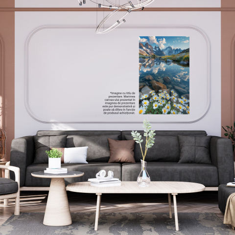 „Tablou Canvas Flori de Câmp și Mușețel lângă Apă Cristalină cu Munți Scăldați de Soare”, Marime 40x25CM [3]