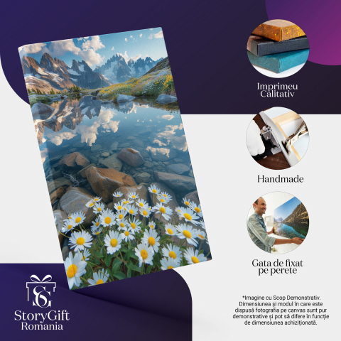 „Tablou Canvas Flori de Câmp și Mușețel lângă Apă Cristalină cu Munți Scăldați de Soare”, Marime 40x25CM [1]