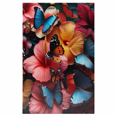 Flori - Florile Colorate cu Fluturi Albastre și Portocalii - Pictură Digitală a Minunilor Naturii, Marime 40x25CM