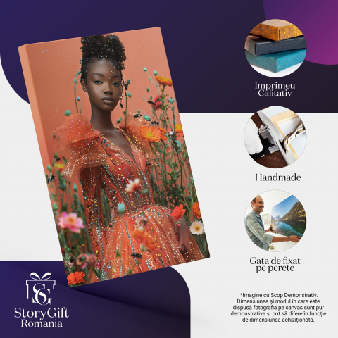 Tablou Canvas Fata Africană Îmbrăcată în Rochie Elegantă Printre Flori Colorate, Marime 40x25CM [1]