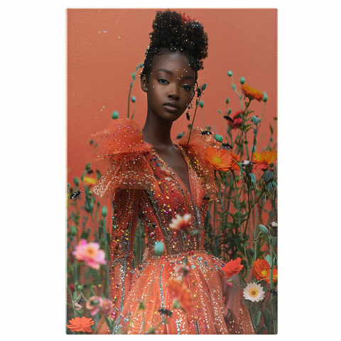 Tablou Canvas Fata Africană Îmbrăcată în Rochie Elegantă Printre Flori Colorate, Marime 40x25CM