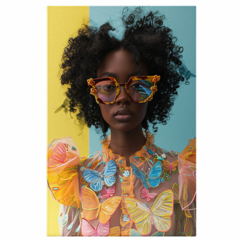 Fluturi și Culoare - Tablou Canvas cu Femeia cu Piele Africană, Marime 40x25CM