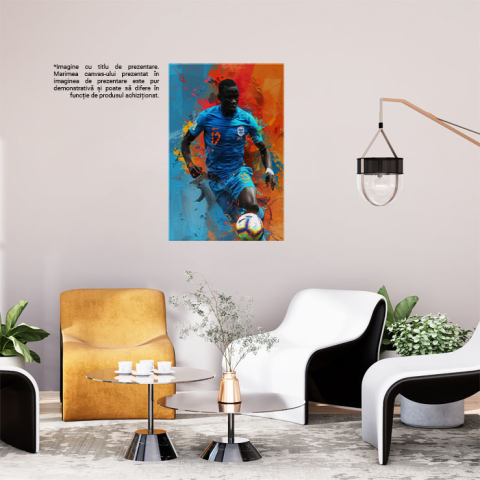 Tablou Canvas  Fotbalist African in Echipament Albastru cu Numarul 12 si Minge Alba cu Model in Decor Colorat , Pictura Digitala 40x25CM [1]
