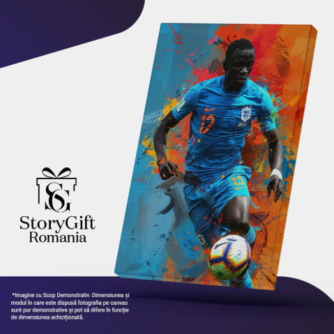 Tablou Canvas  Fotbalist African in Echipament Albastru cu Numarul 12 si Minge Alba cu Model in Decor Colorat , Pictura Digitala 40x25CM [4]