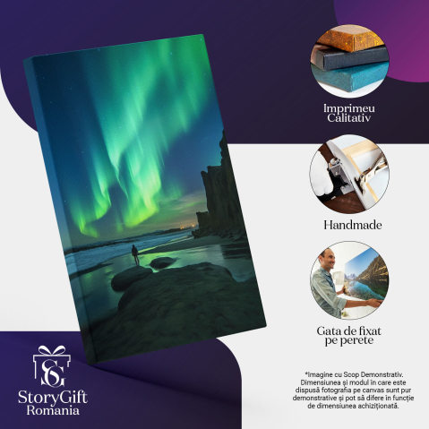 Tablou Canvas:  Fotografie cu aurora boreala - insula apa fenomen om in departare Pictura Digitala 40x25CM [2]