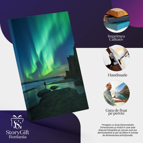 Aurora Boreală deasupra unei Insule cu Apă și Om în Depărtare, Marime 40x25CM [1]