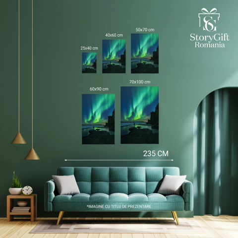 Aurora Boreală deasupra unei Insule cu Apă și Om în Depărtare, Marime 40x25CM [2]