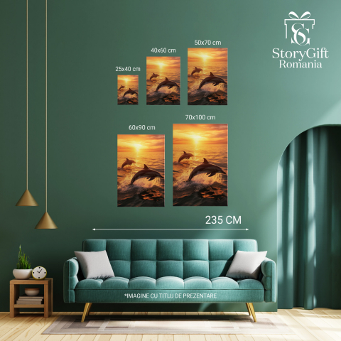 Tablou Canvas Delfini Jucăuși în Salturi | Pictură Digitală cu Scena Acvatică, Marime 40x25CM [2]