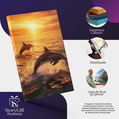 Tablou Canvas Delfini Jucăuși în Salturi | Pictură Digitală cu Scena Acvatică, Marime 40x25CM [1]