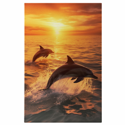 Apus și Răsări - Tablou Canvas Delfini Jucăuși în Salturi | Pictură Digitală cu Scena Acvatică, Marime 40x25CM