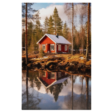 Apă & Natură - Tablou Canvas:  Fotografie cu o casuta dintr-un loc retras - apa padure primavara  Pictura Digitala 40x25CM