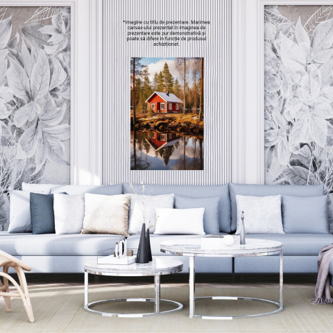 Tablou Canvas Căsuță Retrasă în Natură | Pictură Digitală cu Pădure și Apă, Marime 40x25CM [3]