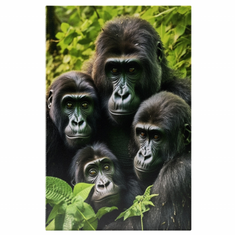 Animale - Tablou Canvas Fotografie cu o Familie de Gorile în Natură Verde | Pictură Digitală, Marime 40x25CM