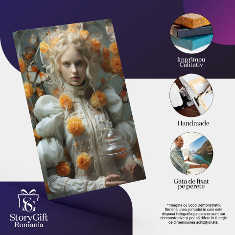 Tablou Canvas:  Fotografie cu o fata blonda care tine un vas din sticla - flori fluturi Pictura Digitala 40x25CM [2]