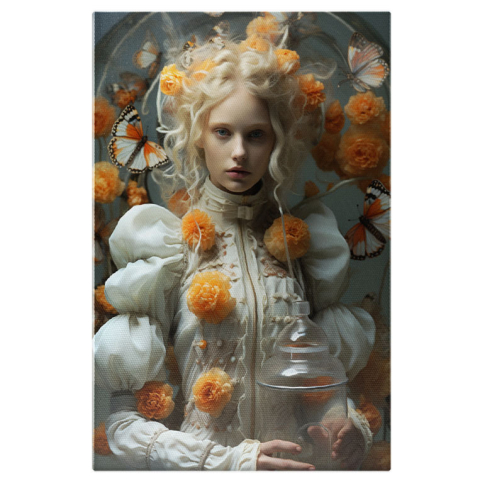 Portret - Tablou Canvas:  Fotografie cu o fata blonda care tine un vas din sticla - flori fluturi Pictura Digitala 40x25CM