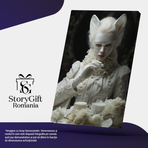 Tablou Canvas:  Fotografie cu o fata cu urechi de pisica - masca pictata haine albe flori pahare cu lapte Pictura Digitala 40x25CM [4]