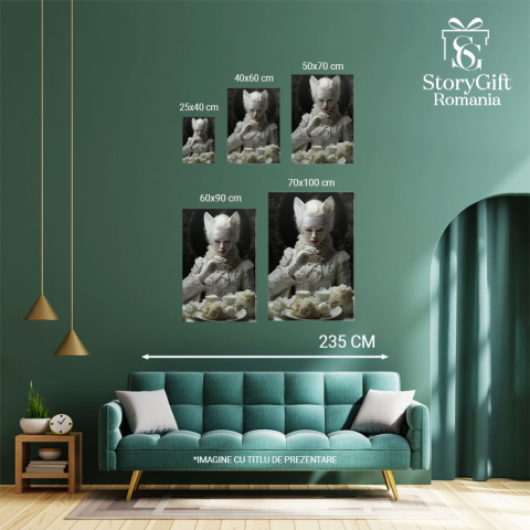 Tablou Canvas:  Fotografie cu o fata cu urechi de pisica - masca pictata haine albe flori pahare cu lapte Pictura Digitala 40x25CM [3]