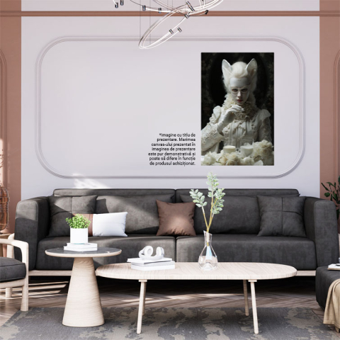 Tablou Canvas:  Fotografie cu o fata cu urechi de pisica - masca pictata haine albe flori pahare cu lapte Pictura Digitala 40x25CM [1]